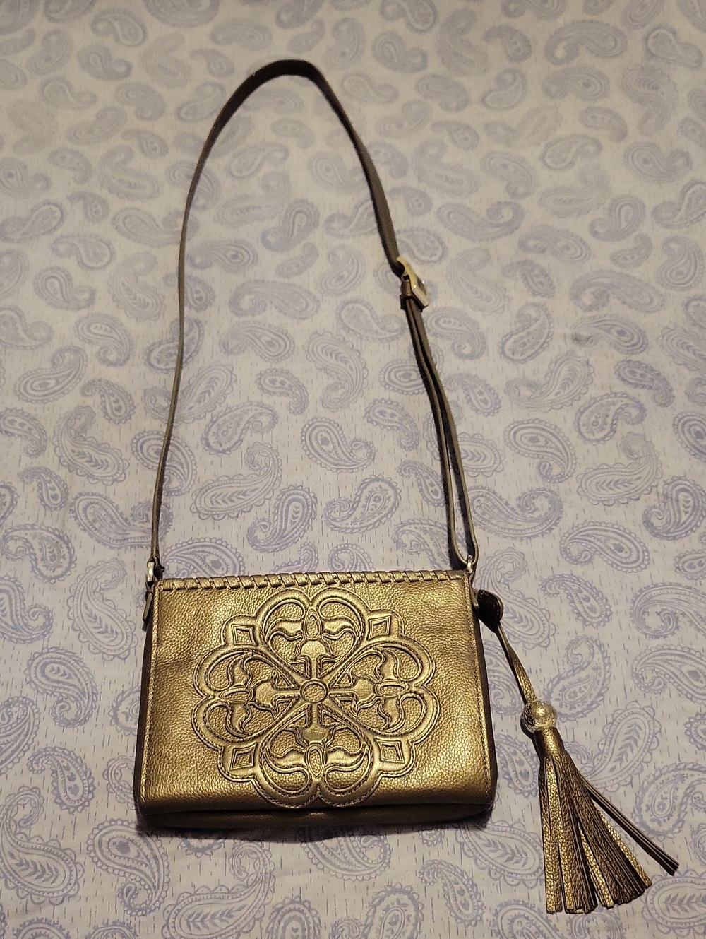 Brighton FERRERA Metallic Gold Leather Crossbody Bag with Tassel / Organizer